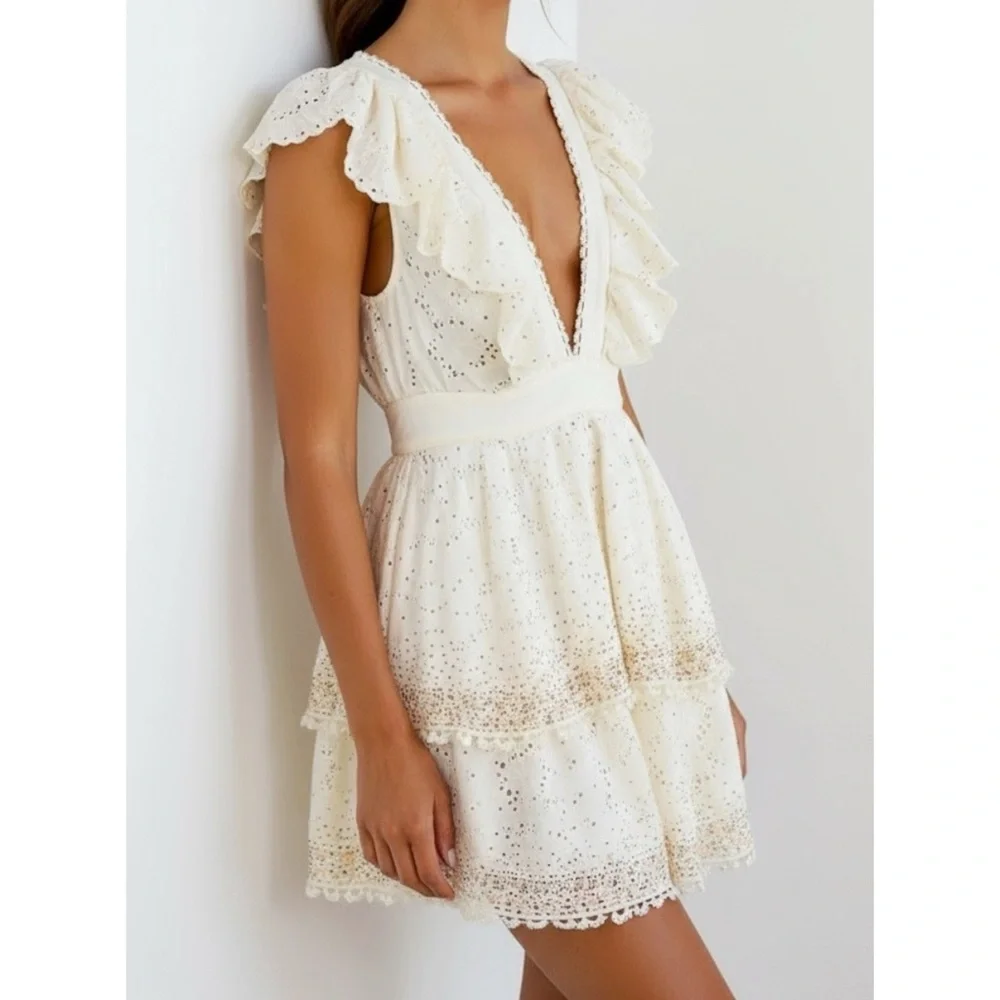 FARM RIO Eyelet Beaded Mini Dress, Off White, XS - Picture 4 of 15